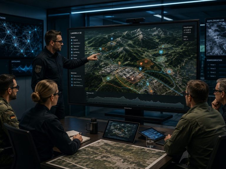 3D Aufklärungsdaten Ein Team diskutiert an einem großen Bildschirm strategische Informationen über ein Gebiet.