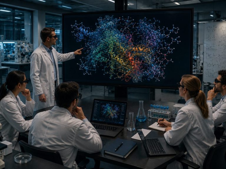 3D Moleküle Ein Wissenschaftler präsentiert Daten in einem modernen Labor vor einem Team von Forschern.
