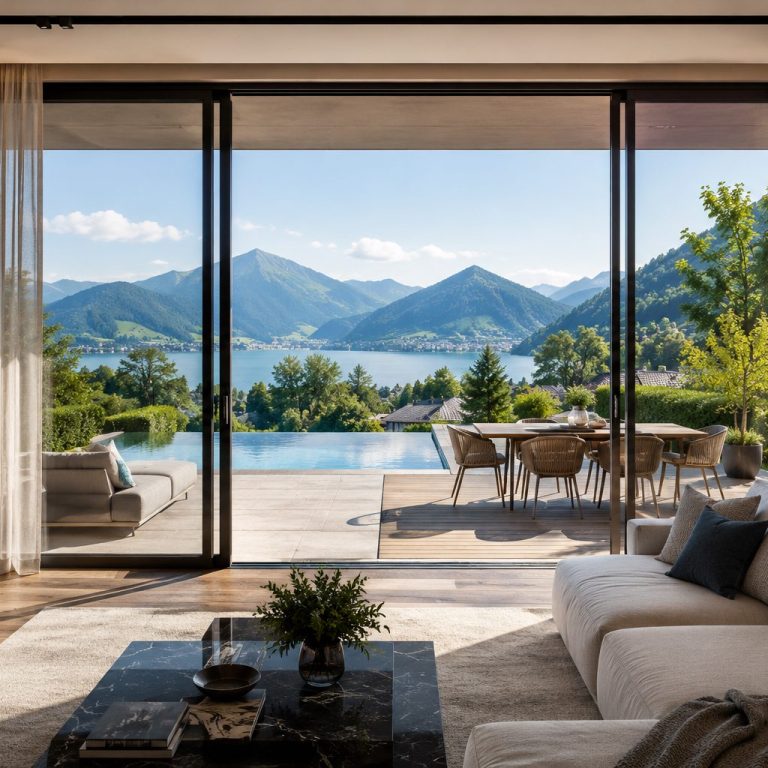 Modernes Ferienhaus mit großem Fensterblick und Pool auf Bergsee und Landschaft.