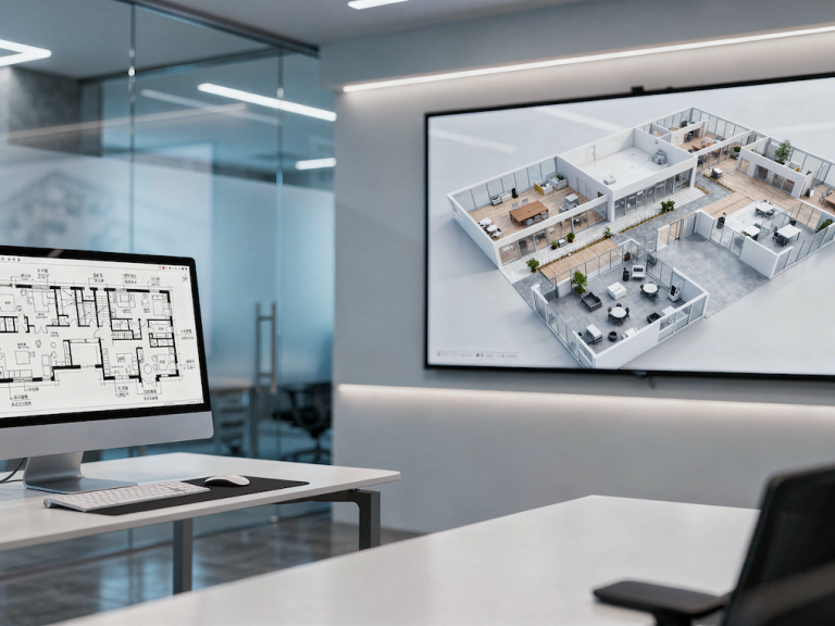 3D-Visualisierung in Architektur und Planung Moderne Büroumgebung mit einem Bildschirm, der einen Grundriss und eine 3D-Visualisierung zeigt.