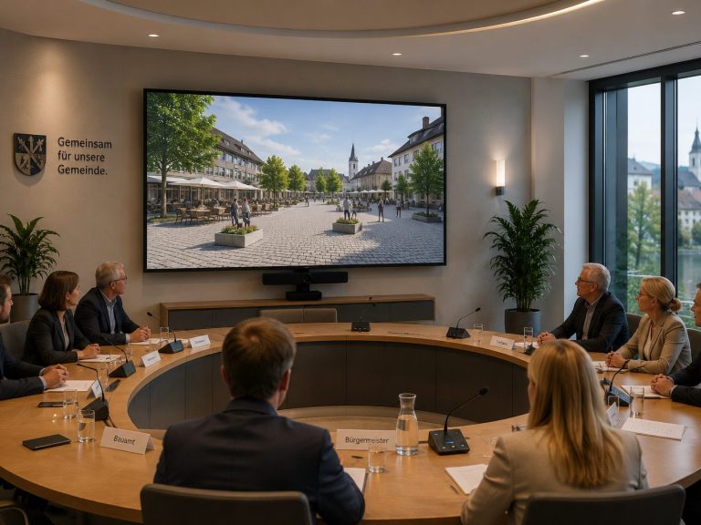 3D Planungsdaten im Bauausschuss Gemeindesitzung im Konferenzraum mit Präsentation eines Stadtbildes auf dem Bildschirm.