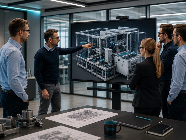3D Bau und Projektentwicklung Person sitzt vor einem großen Fernseher, der Baufortschritt eines Projekts zeigt.